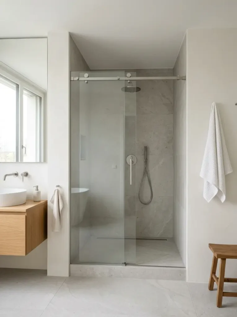 Glasdusche in Nische zwischen zwei Wänden in hellem Badezimmer