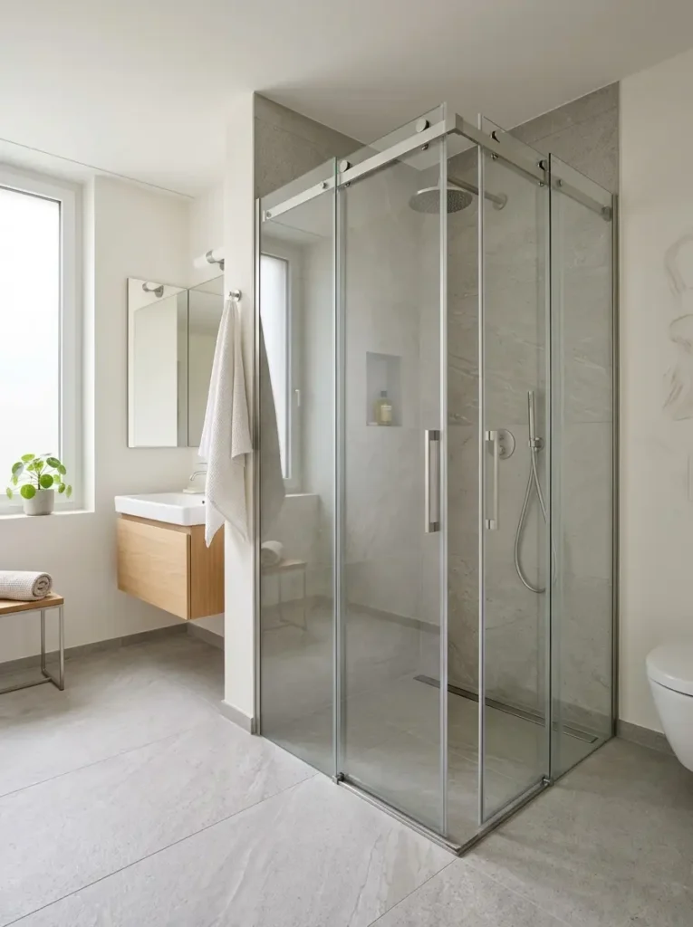 Eck-Glasdusche mit zwei Glasfronten in hellem Badezimmer