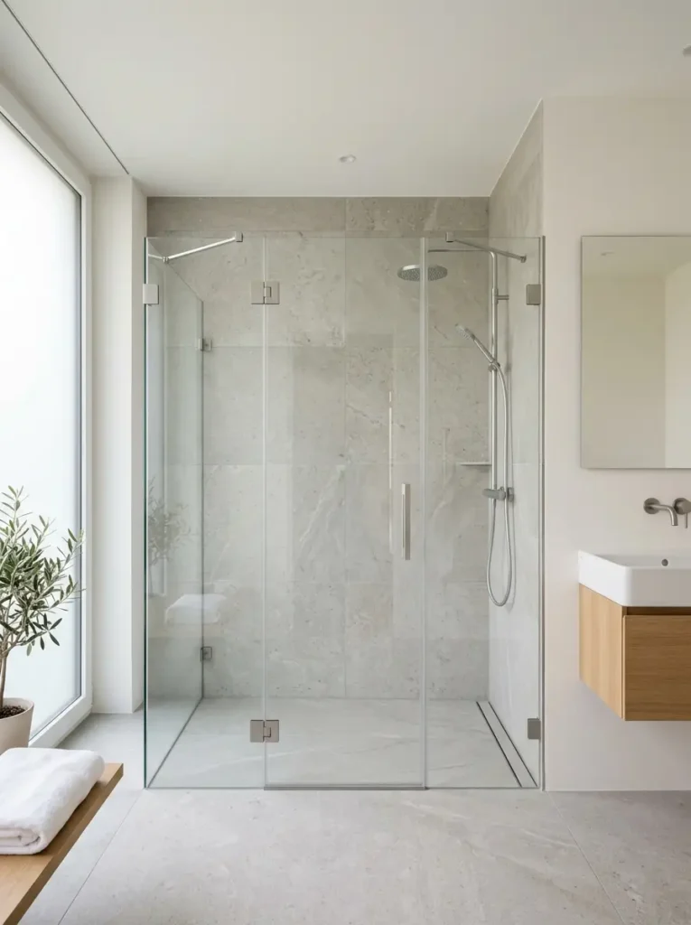 U-förmige Glasdusche mit drei Glasseiten in hellem Badezimmer