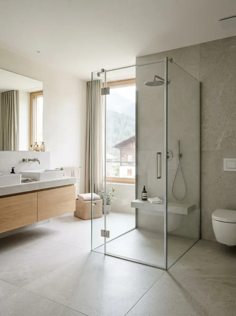 Freistehender Glas-Duschkubus in hellem Badezimmer