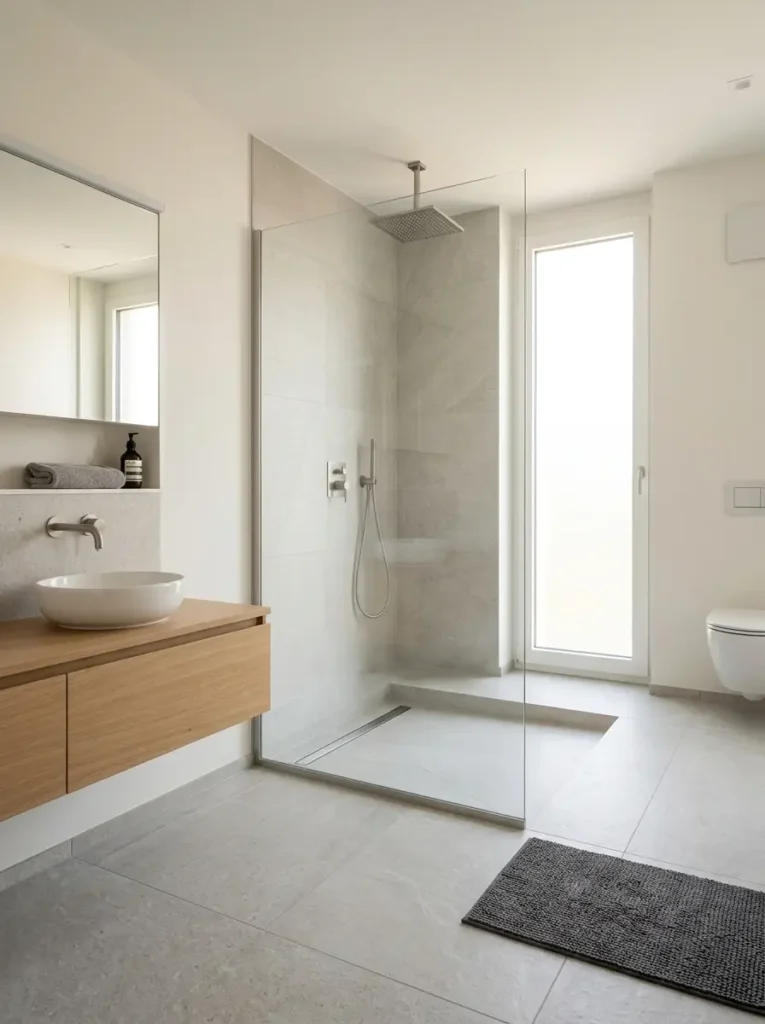 Offene Walk-in-Dusche mit fester Glaswand in hellem Badezimmer