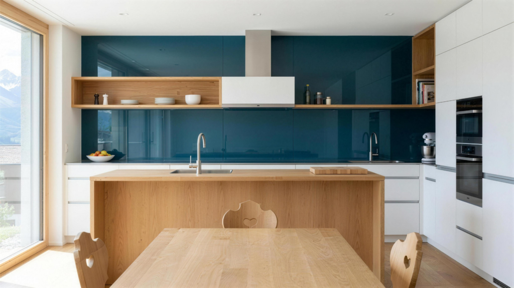Moderne Küche mit fugenloser Küchenrückwand aus Glas in Petrolblau