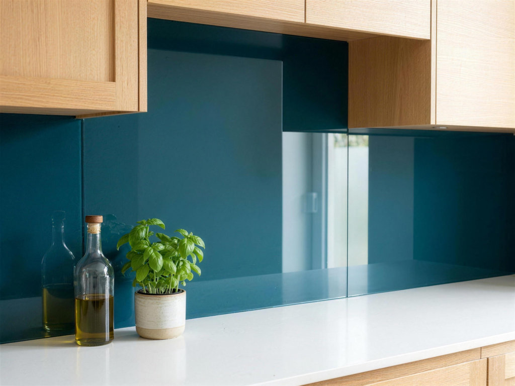Detailansicht einer Küchenrückwand aus Glas in Petrolblau zwischen Arbeitsplatte und Oberschränken